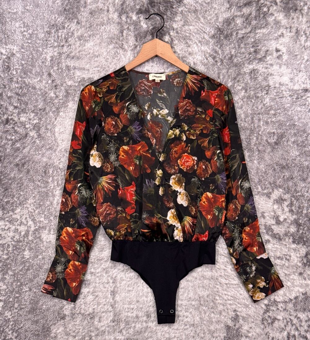 L'AGENCE Blouse XS Tall Womens Blaze Silk Floral Oil Paint Art Print Bodysuit
